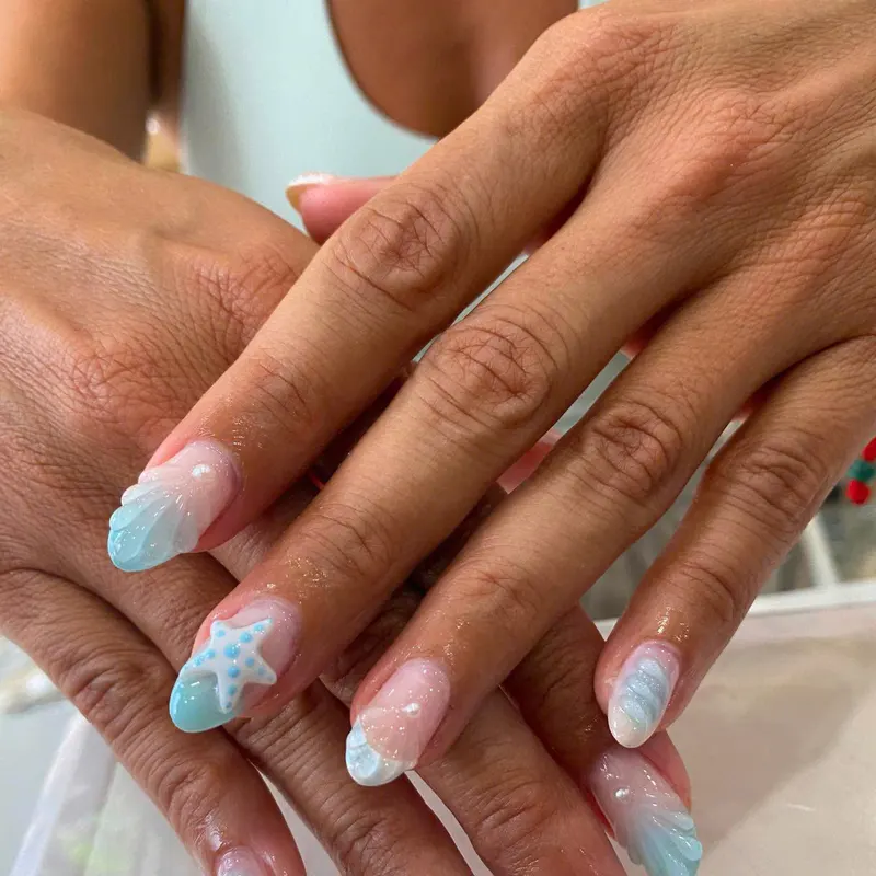 LENA Nails & Beauty Da Nang — Turquoise Nails with Starfish Beach Art